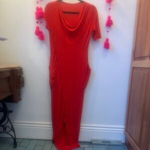 Aakasha futuristic asymmetric sleeves, cocoon cherry red maxi dress, 2 pockets